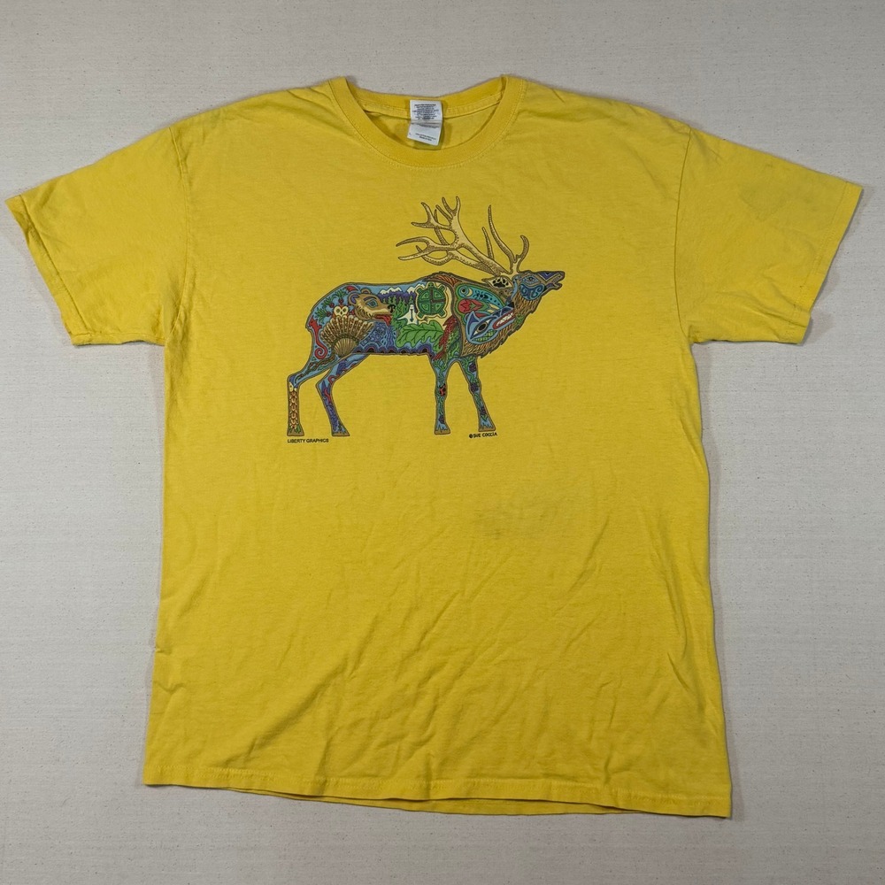 Vintage Sue Coccia Elk Dahlov Ipcar Cat T-Shirt Yellow Large Art Tee